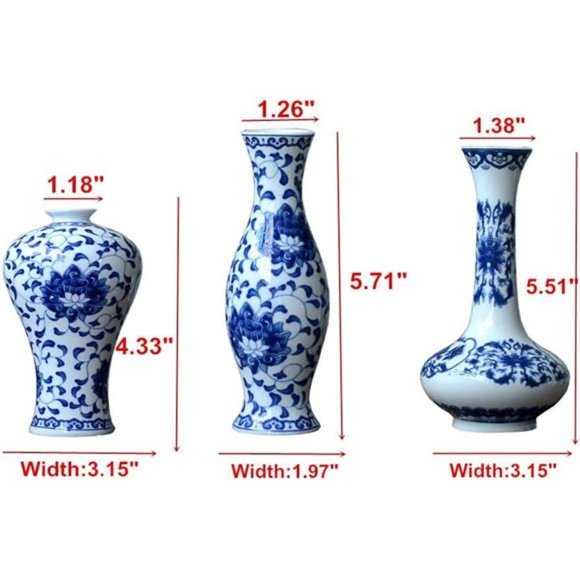 Set of 3 Small Blue &White Porcelain Vases, Fambe Glaze Porcelain Vases Set of 3 - Picture 6 of 6